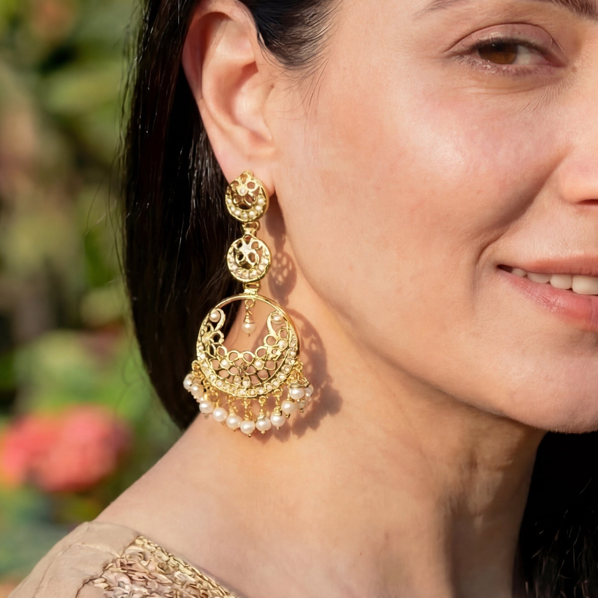 Multi-tiered Pearl Chandbali Earrings | Premium Gold Plated Silver Jewelry Online ER 663