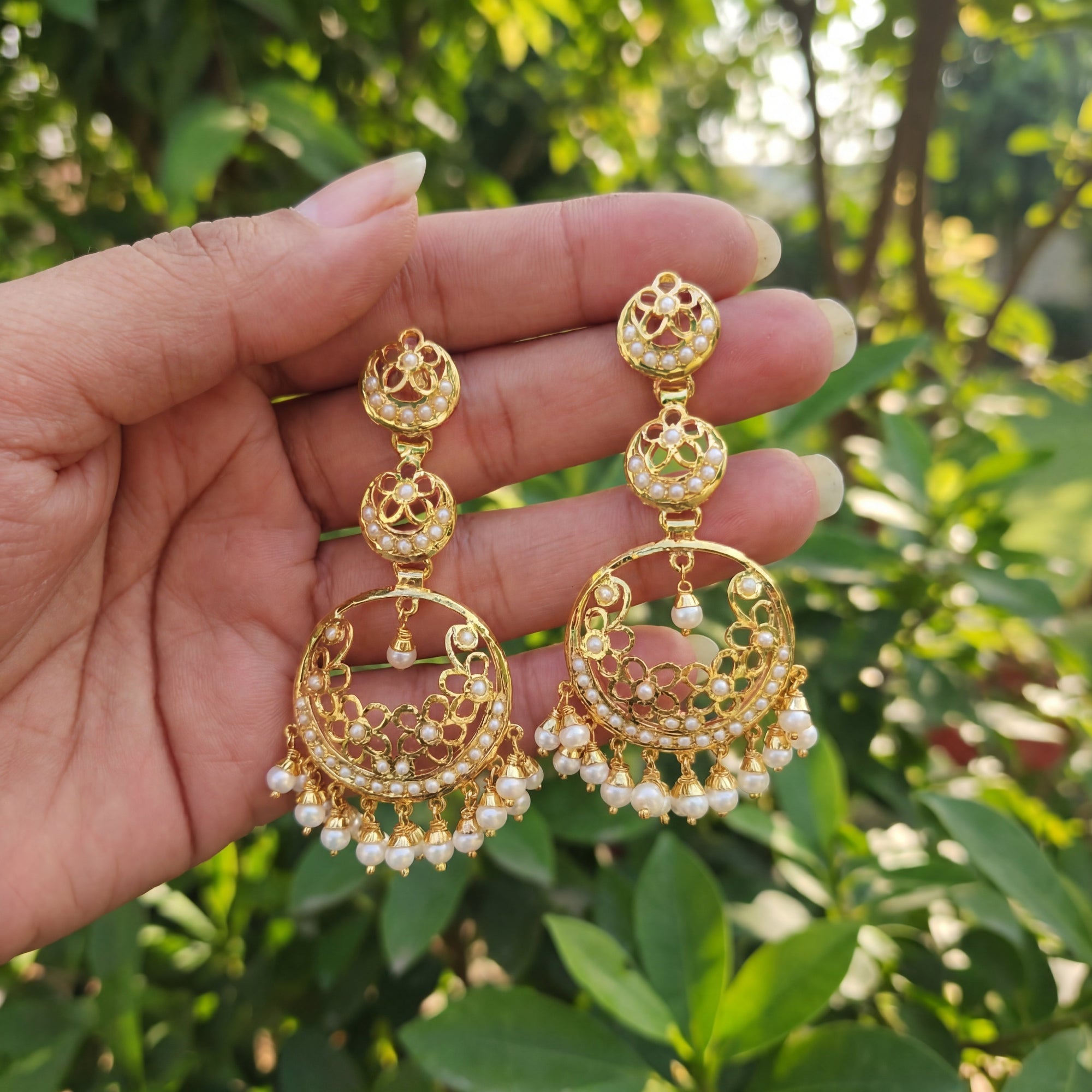Multi-tiered Pearl Chandbali Earrings | Premium Gold Plated Silver Jewelry Online ER 663