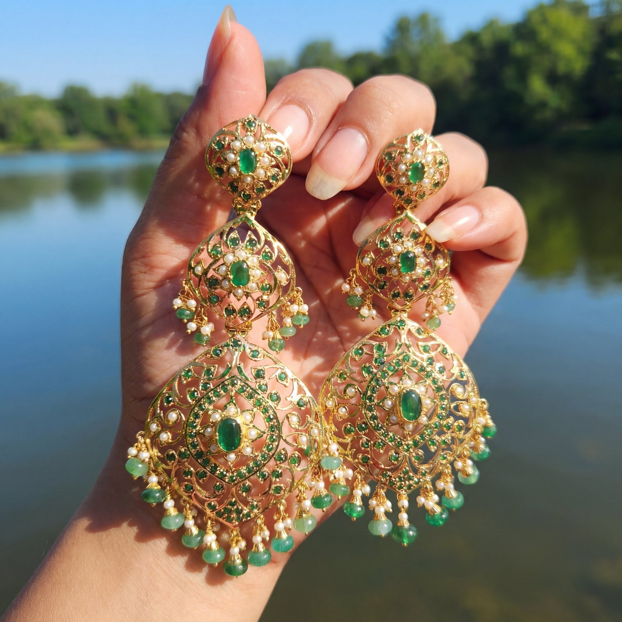 Statement Emerald Green Danglers | Gold Plated on 925 Silver Base ER 666