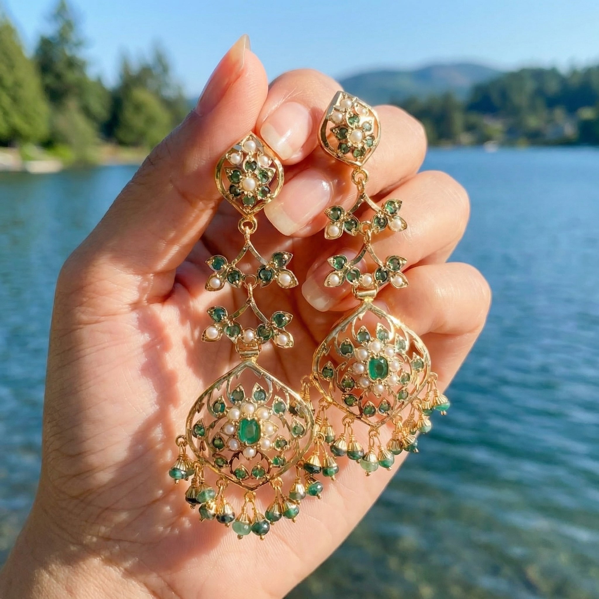 Emerald Green Danglers For Women | Fine Jadau Jewelry on 925 Silver ER 665