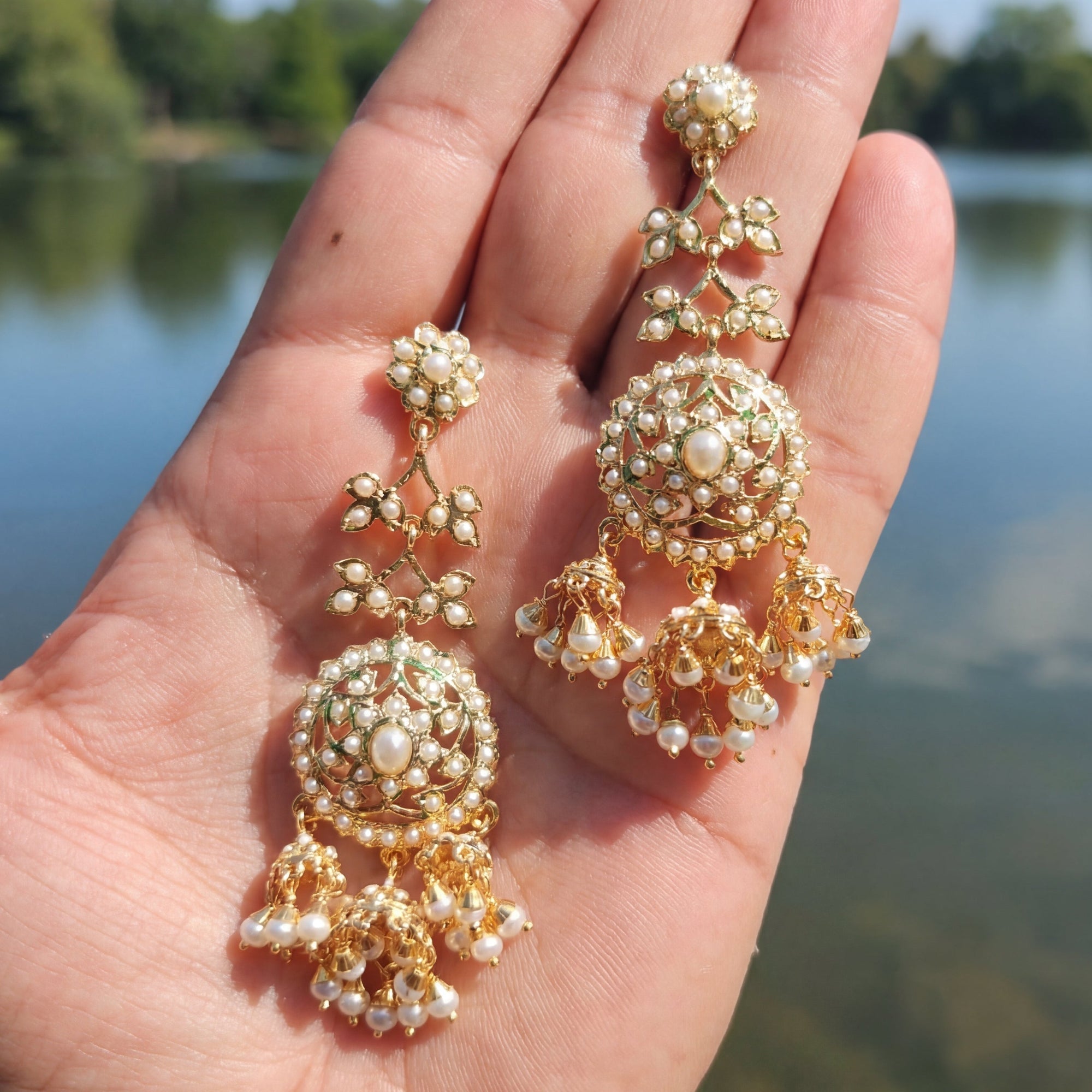 Long Pearl Jhumka Earrings | Real Freshwater Pearls | Gold Plated on 925 Silver ER 669