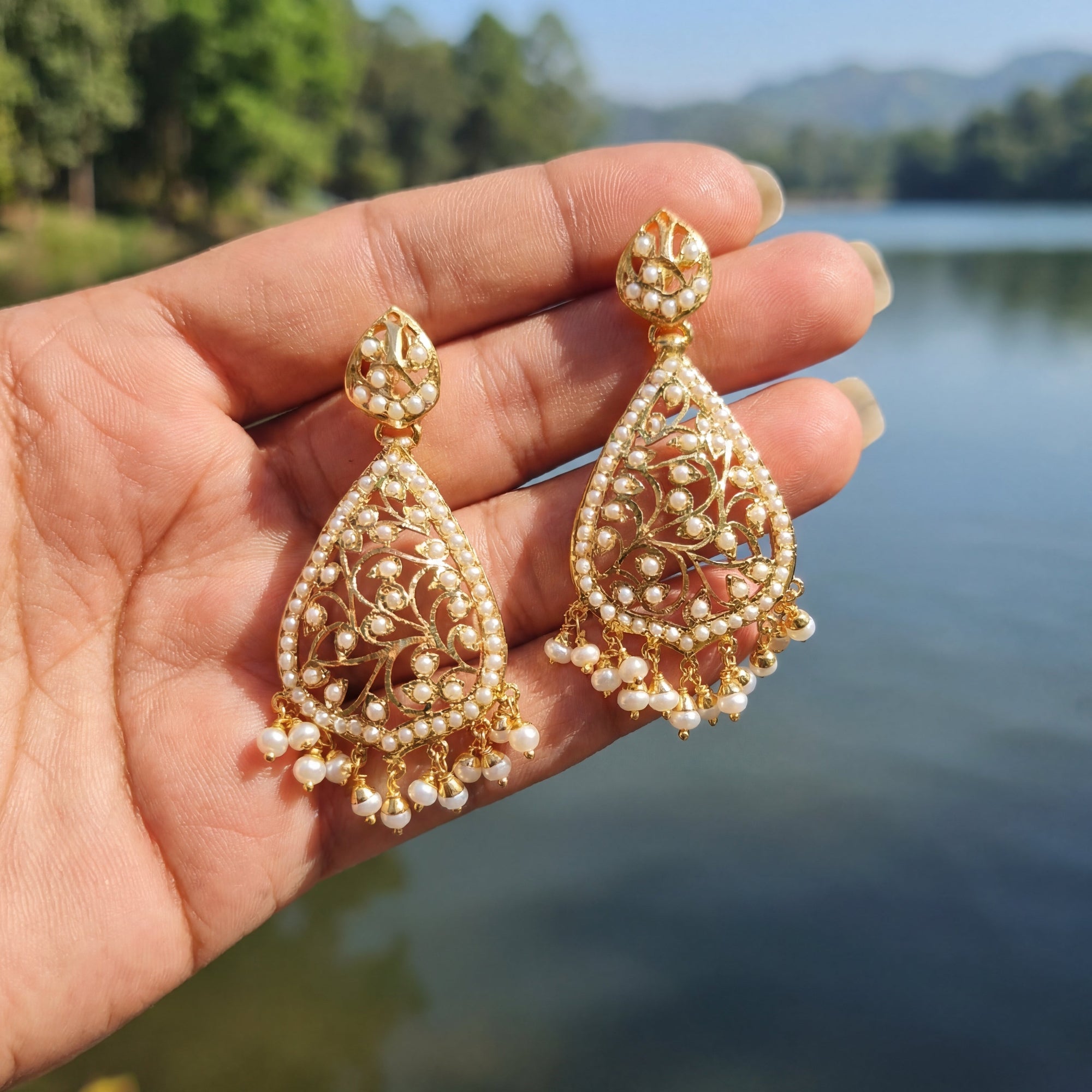 Pearl Earrings for Girls | Gold Plated on Silver | Jali Filigree Design ER 670