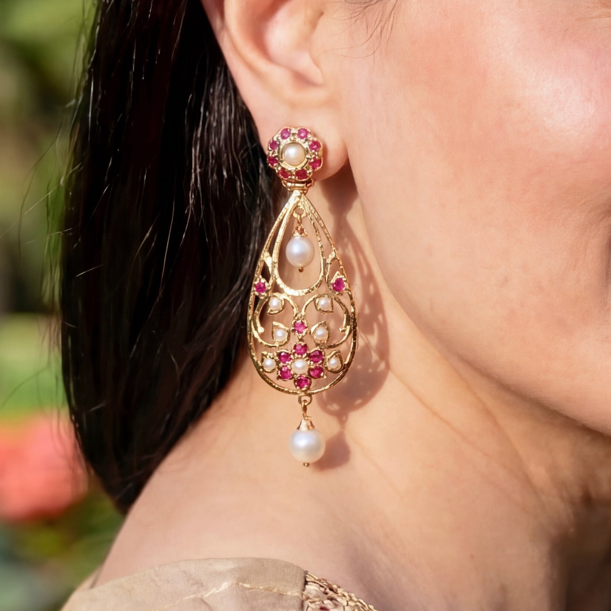Cute Indo Western Jadau Earrings | Gold Plated on Silver | Ruby Peral Comnbination ER 653