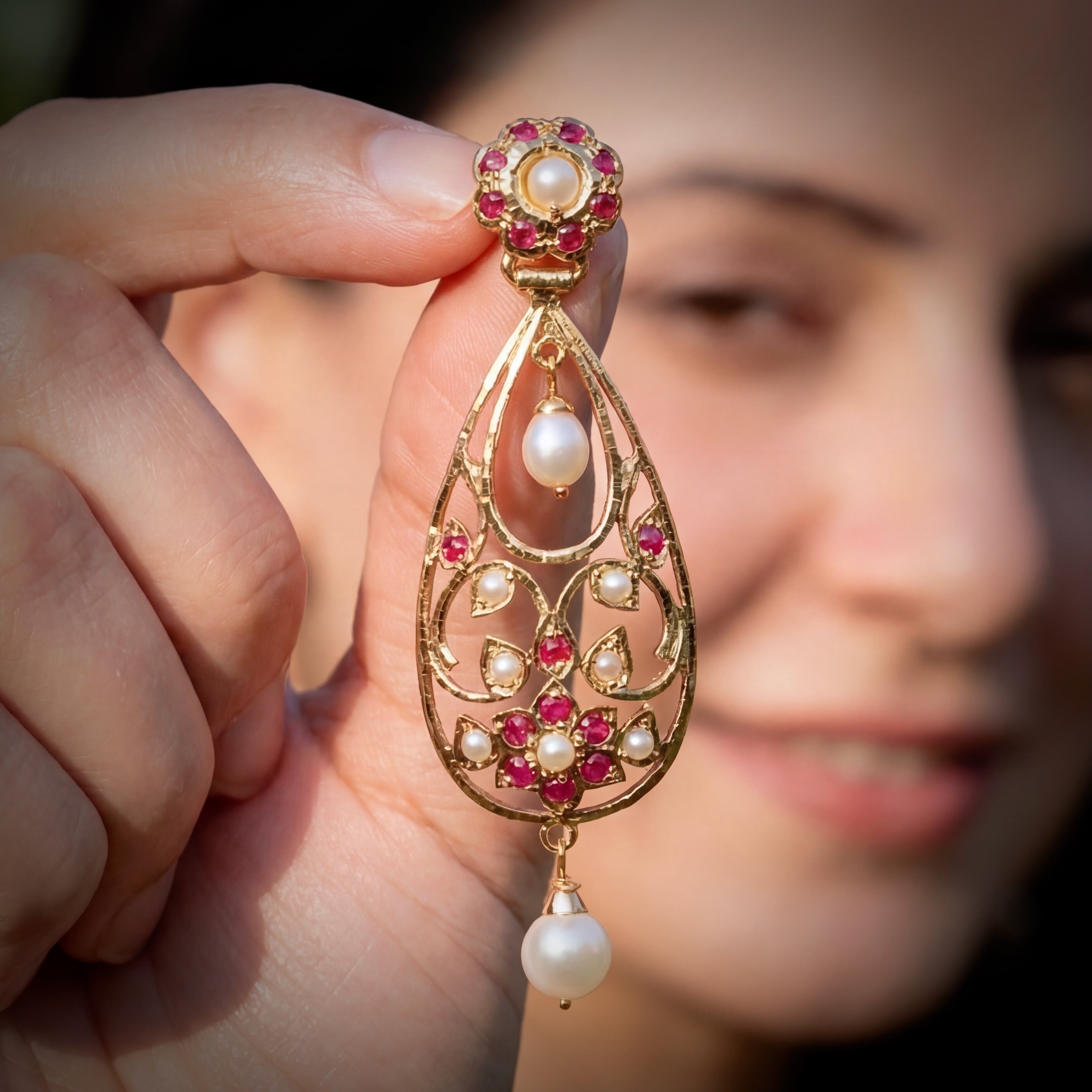 Cute Indo Western Jadau Earrings | Gold Plated on Silver | Ruby Peral Comnbination ER 653