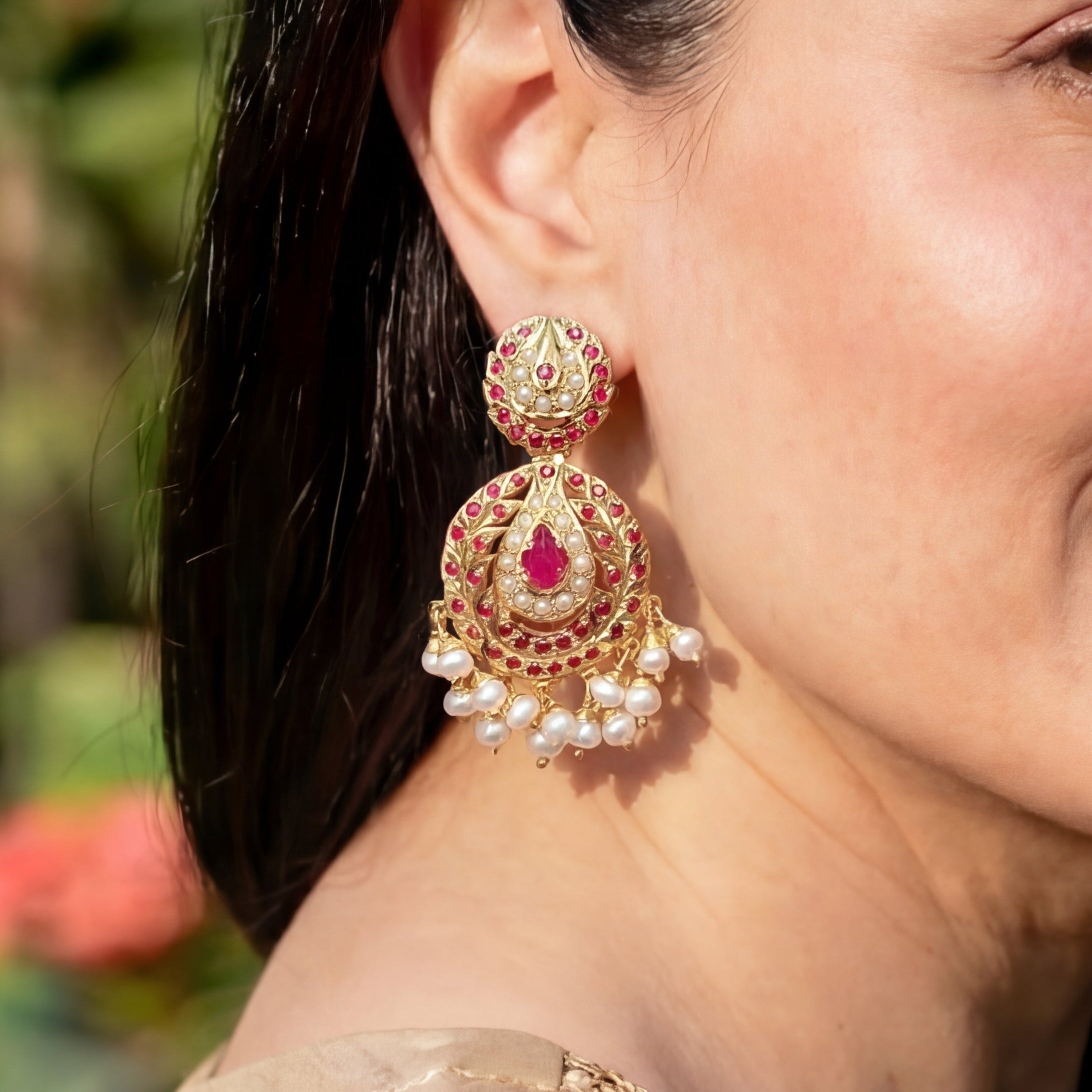 Gold Plated Ruby and Pearl Earrings in Silver ER 190
