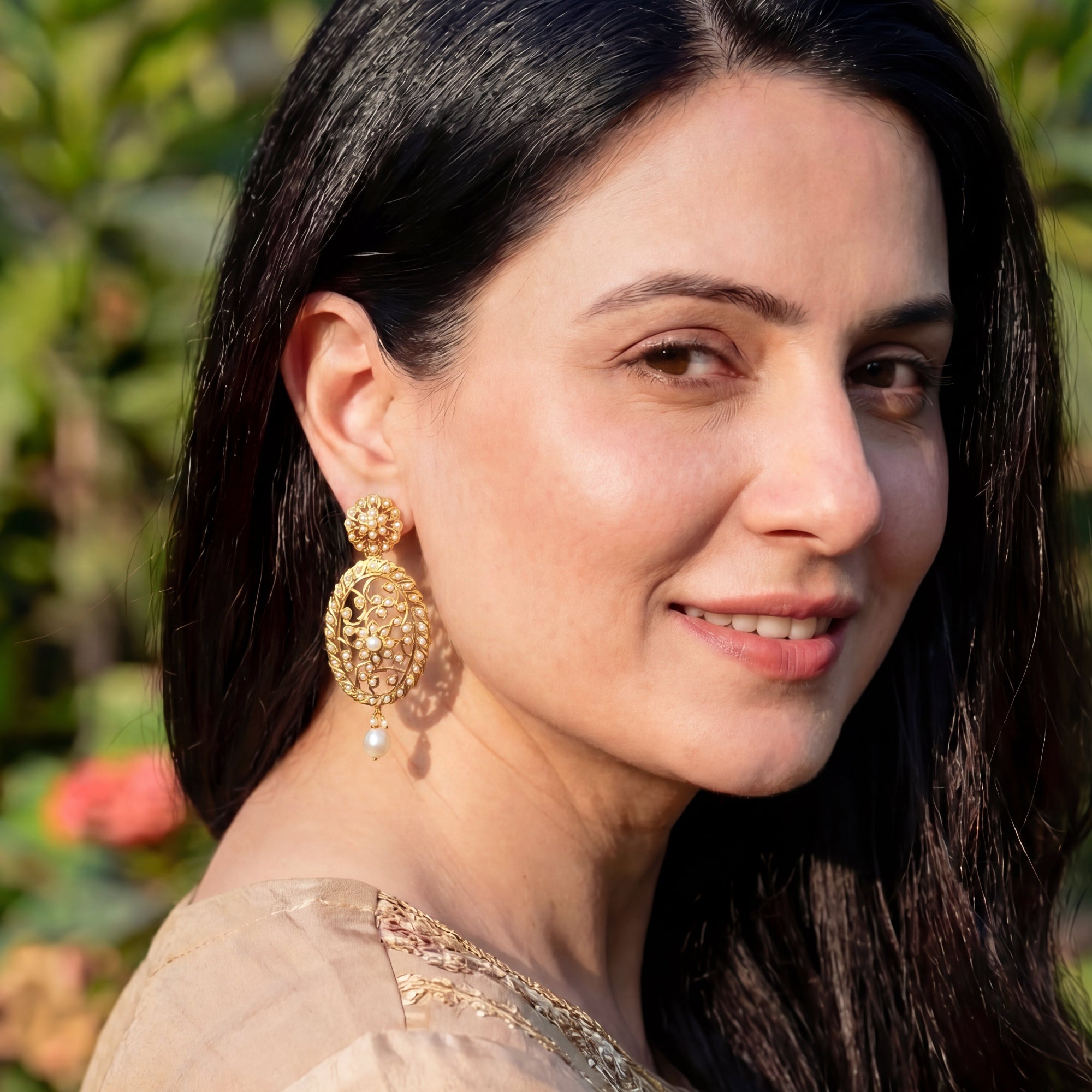 Victorian Style Seed Pearl Danglers | Gold Plated on Silver ER 678