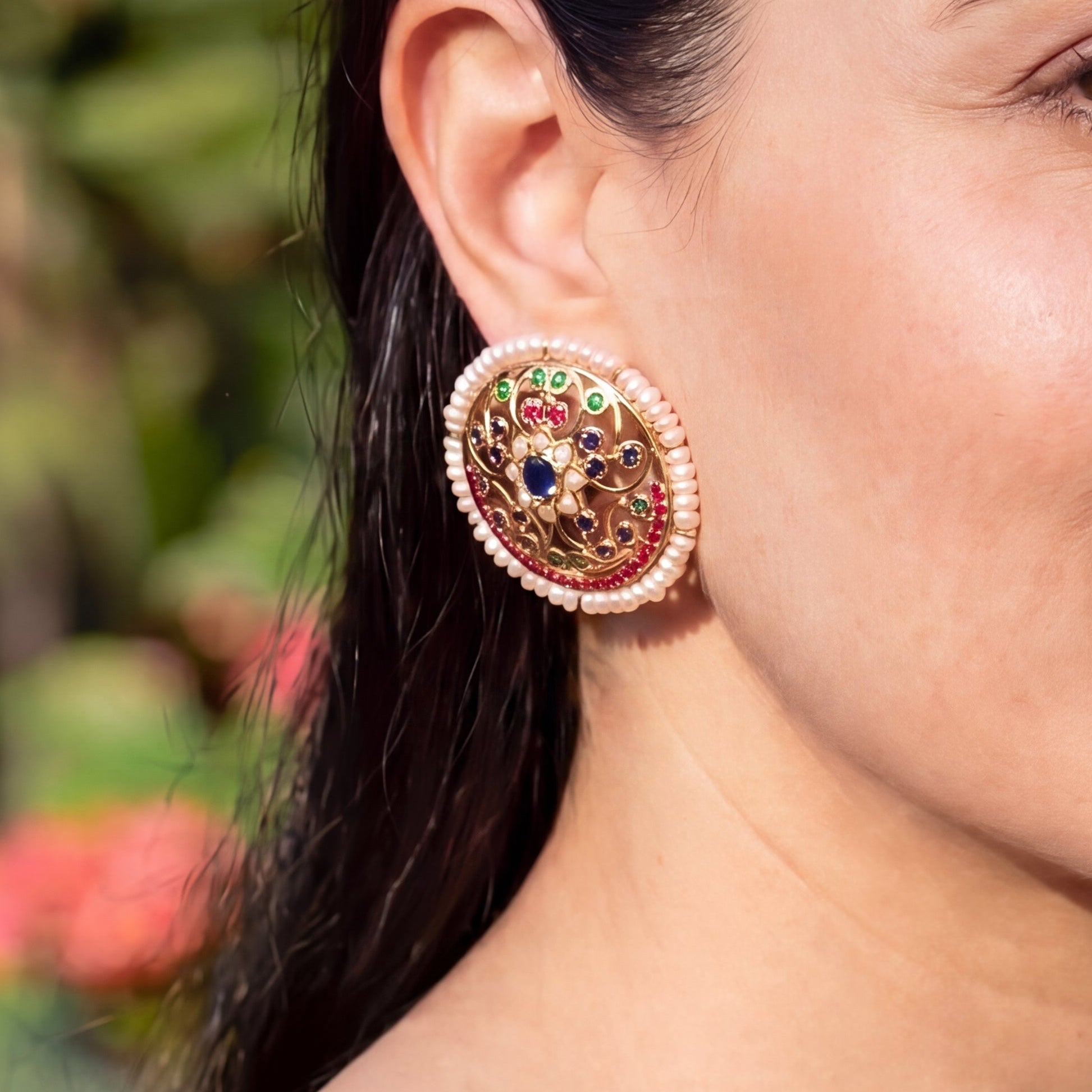 Exquisite Large Round Jadau Studs For Women on Silver ER 553