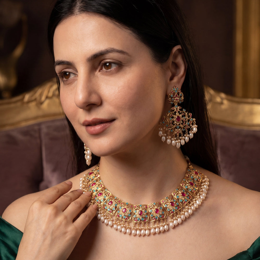 Multicoloured Jadau Set | 22k Gold Plated | Sterling Silver NS 263