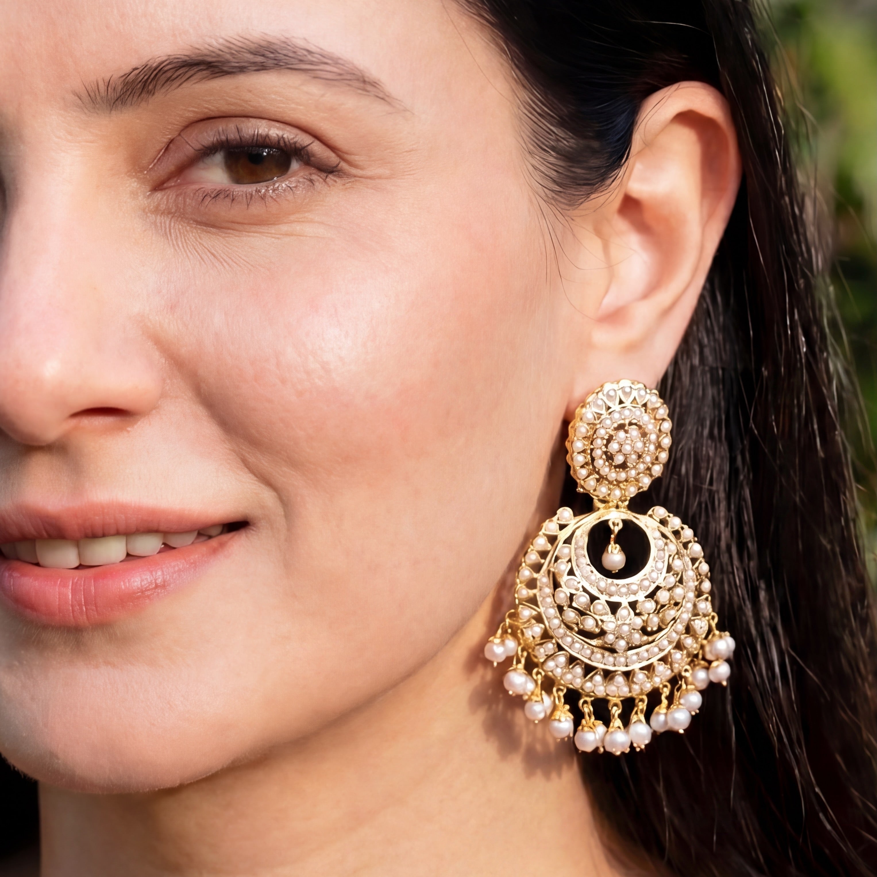 Floral Pearl Chandbali Earrings in Gold Plated Silver ER 183