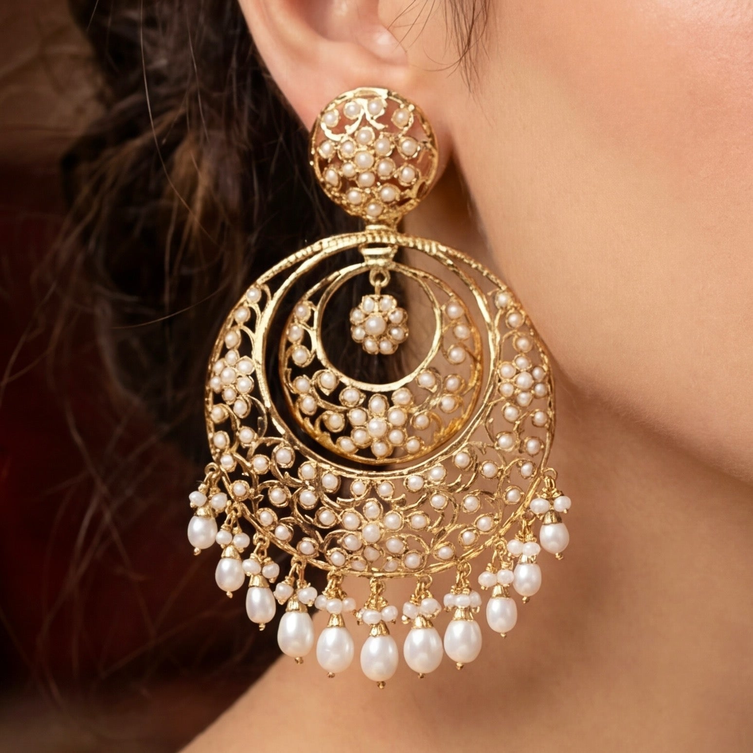 Intricate Gold Plated Chandbali Earrings | Antique Fusion Design | Authentic Freshwater Pearls ER 585
