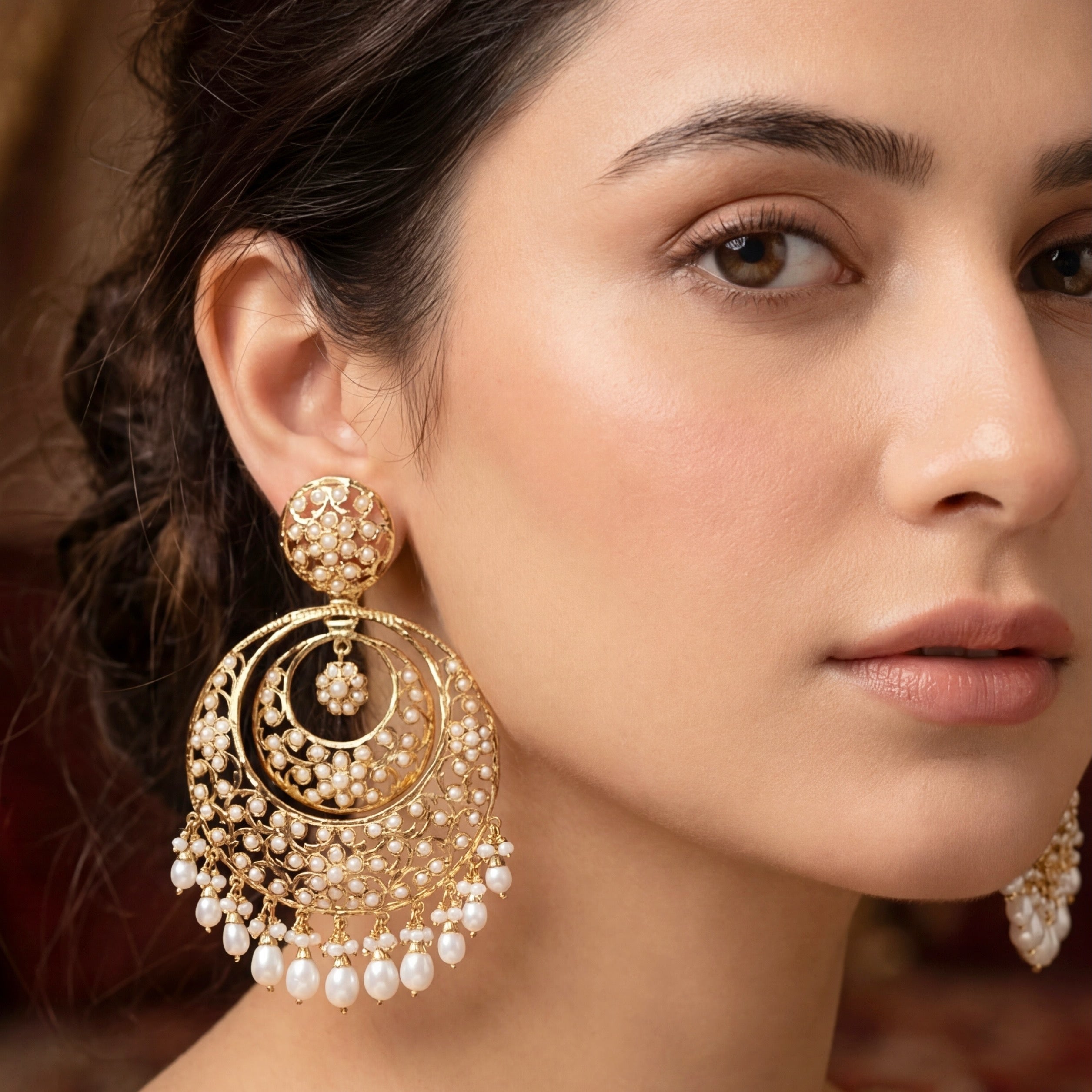 Intricate Gold Plated Chandbali Earrings | Antique Fusion Design | Authentic Freshwater Pearls ER 585