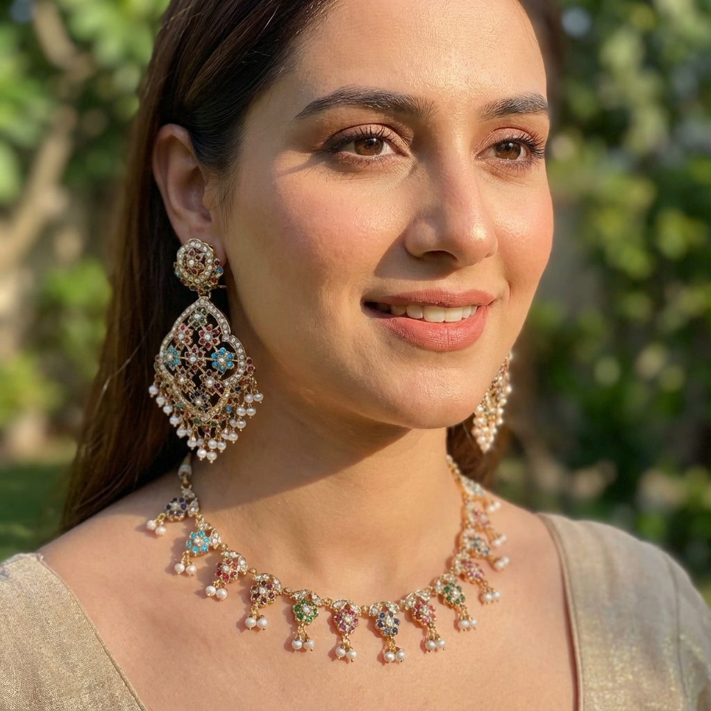 Floral Navratna Set | Fashion Jadau Necklace Paired with Large Earrings NS 331