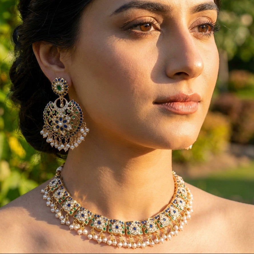 Elegant Sapphire Necklace | Medium Chandbali Earrings | Jadau Set on Silver NS 318