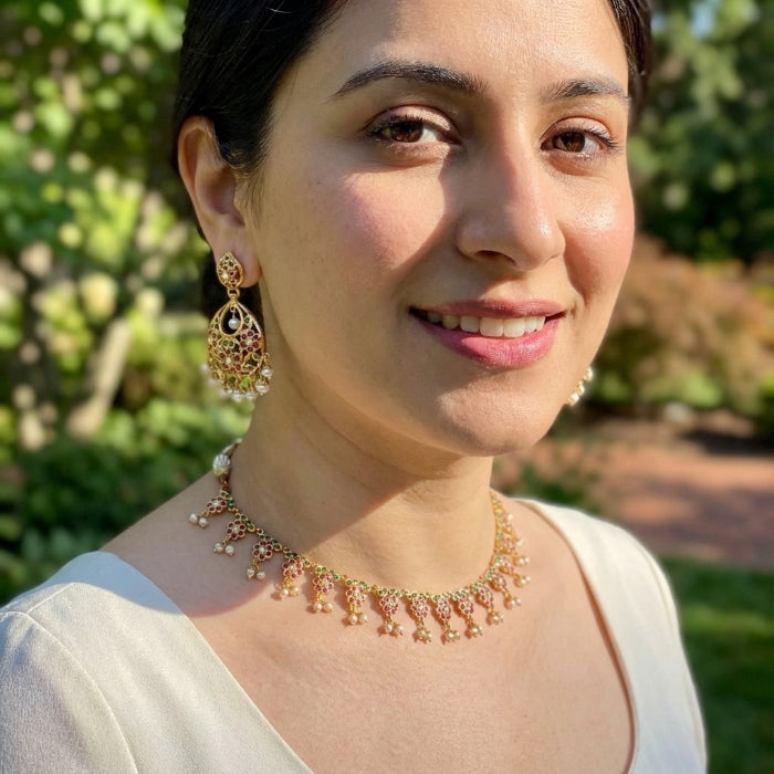 Delicate Multicoloured Jadau Necklace Set | Gold Plated Silver Jewelry | Handcrafted Jewellery NS 277