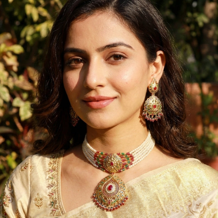Mughal-style Jadau Choker | Indian Necklace Set | Gold Plated Silver NS 043
