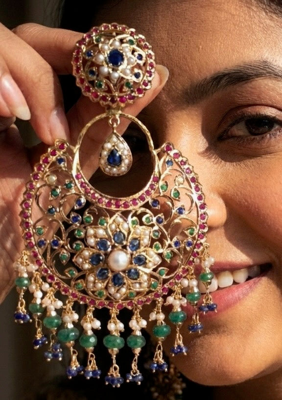 Multicoloured Jadau Chandbali Earrings | Statement Gold Plated Fashion Jewelry Online ER 453