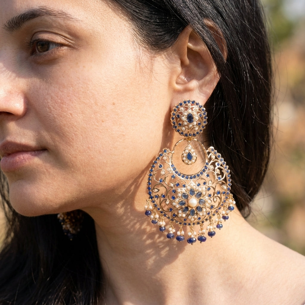 Magnificient Blue Sapphire Chandbalis | Gold Plated ER 557