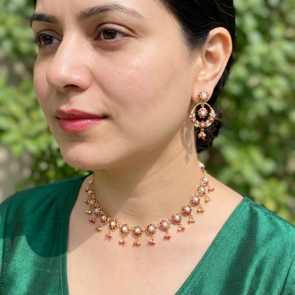 Floral Gold Plated Indian Necklace Set | Dainty Necklace & Chandbali Earrings | Ideal Gift NS 299