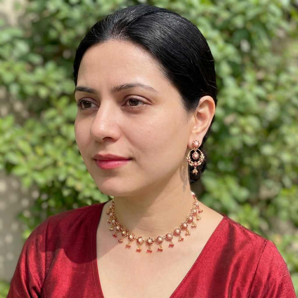 Floral Gold Plated Indian Necklace Set | Dainty Necklace & Chandbali Earrings | Ideal Gift NS 299