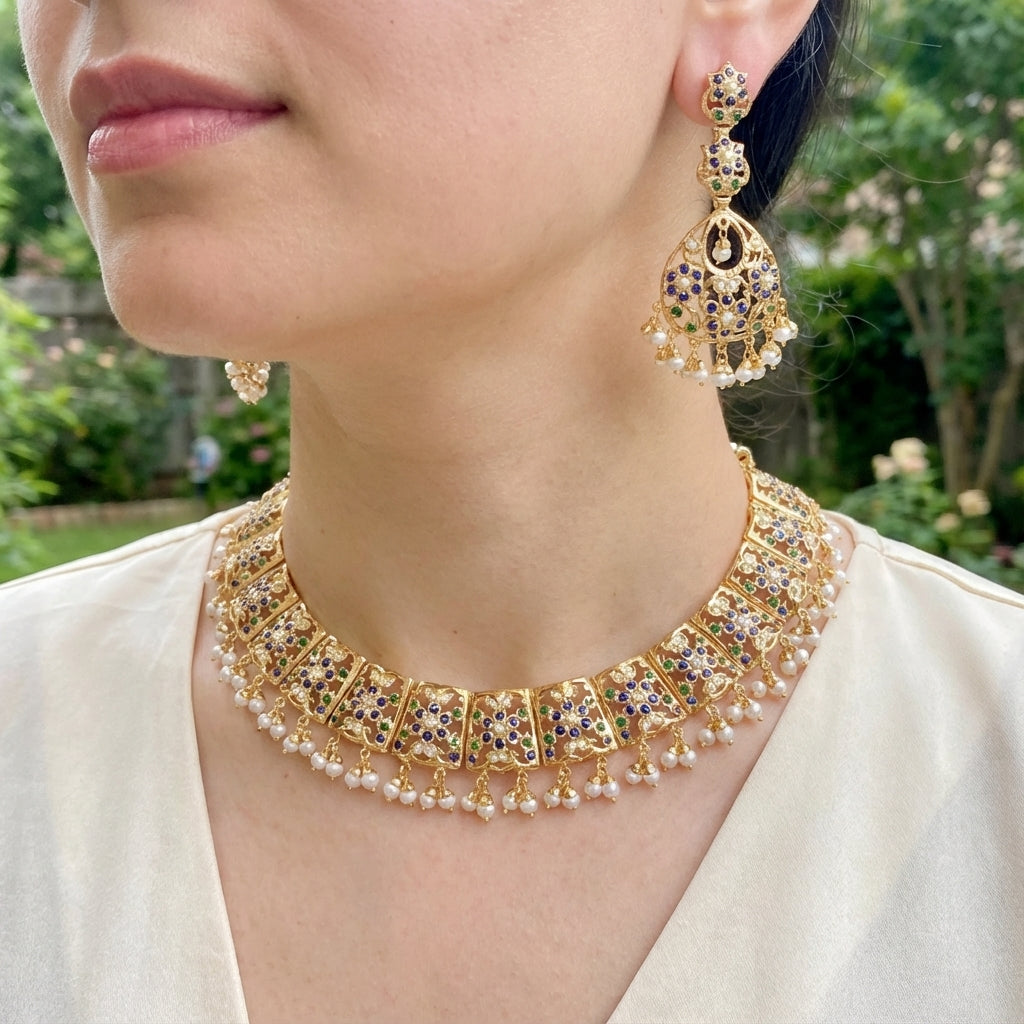 Gold Plated Set |Stone & Pearls Studded | Necklace Set on Silver NS 163