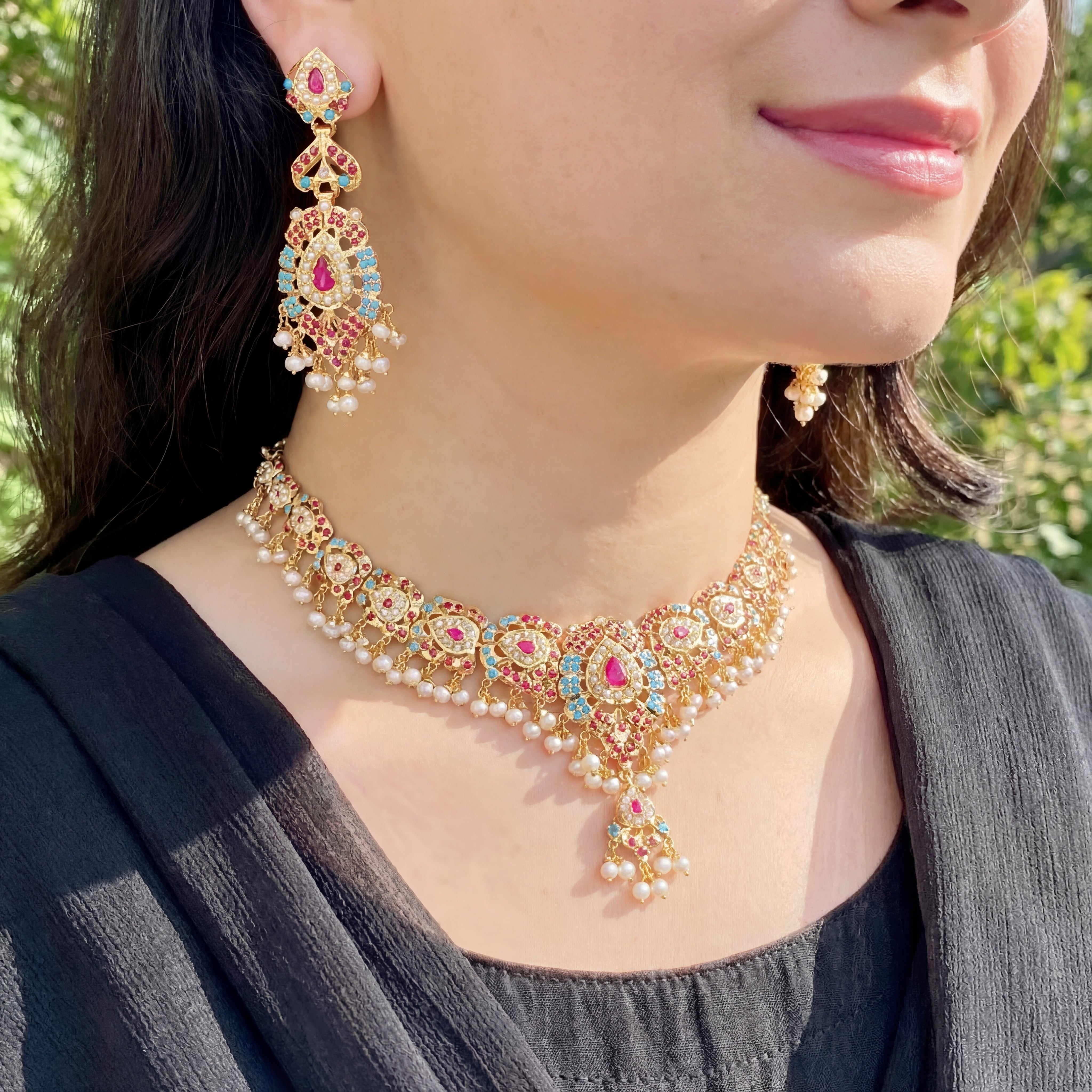 Multicolour Indian Jadau Jewelry Set | Gold Plated 925 Silver NS 164