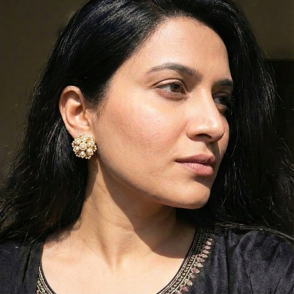 Classic Hyderabadi Pearl Stud Earrings | Round Tops for Women | Gold Plated Jewelry For Gifting ER 425