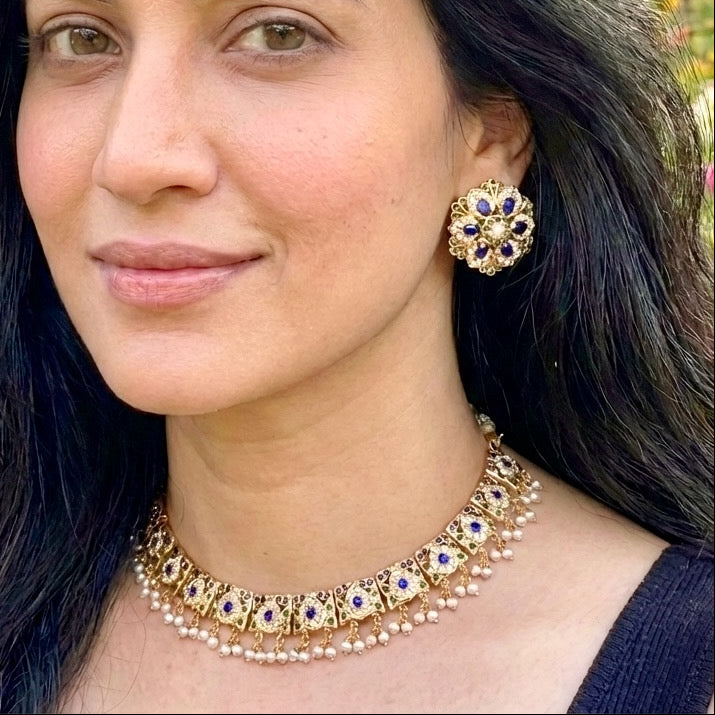 Simplistic Indian Necklace with Statement Studs | Sapphire-Emerald Combination NS 273