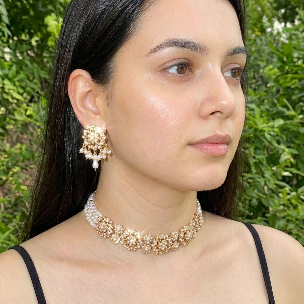 Simple Sophisticated Pearl Choker Set | Gold Plated on Silver | Freshwater Pearls NS 385