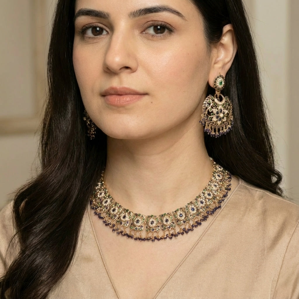 Opulent Jadau Necklace Set | Gold Plated on Silver NS 434
