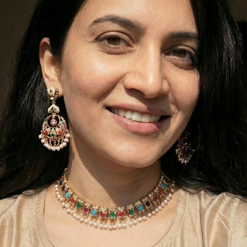 Classic Navratna Necklace with Long Chandbali Earrings | Gold Plated on Silver NS 422