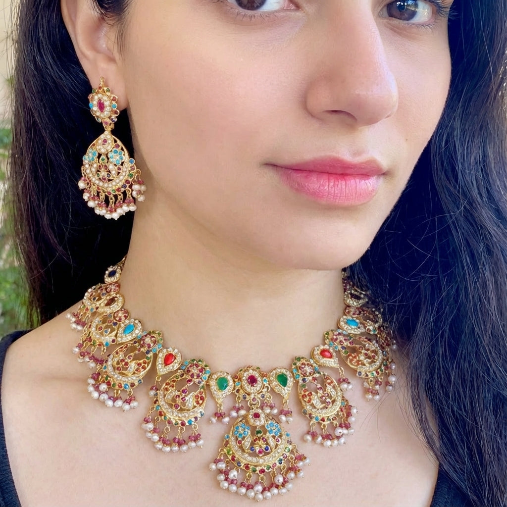 Navrattan Jadau Set | For Bride | Gold Plated Silver NS 107