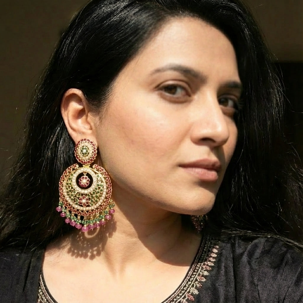 Gold Plated Ruby Emerald Pearl Chandbali Earrings ER 193