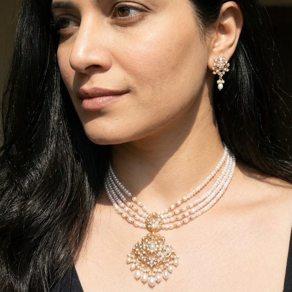 Sitarami Set in Freshwater Pearls | Gold Plated on Sterling Silver | Heritage Indian Jewelry NS 383