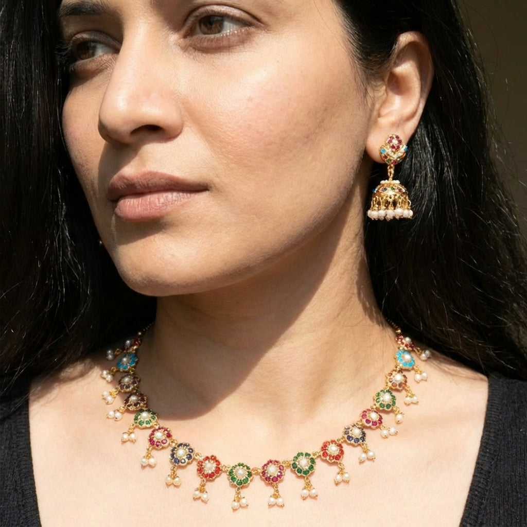 Sober & Minimalist Necklace Set | Gold Plated Navaratna Set NS 292