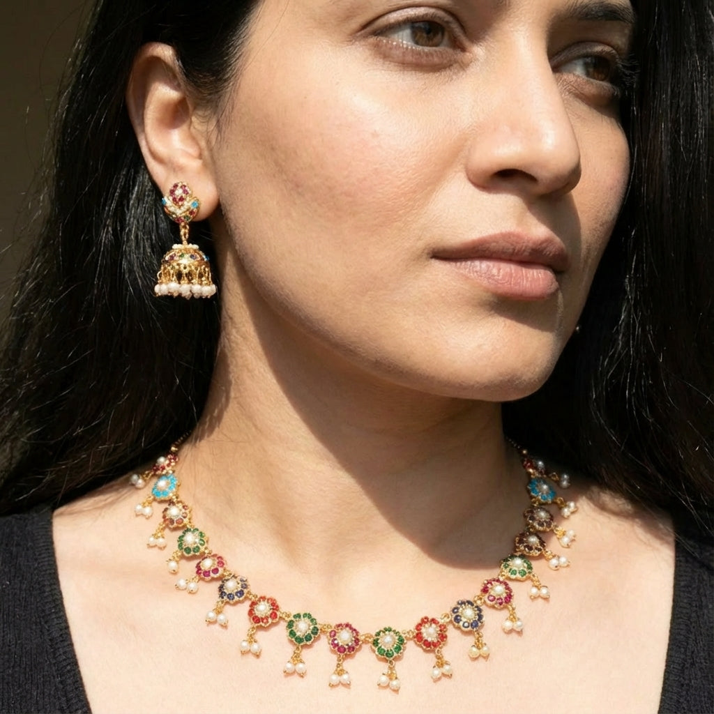 Sober & Minimalist Necklace Set | Gold Plated Navaratna Set NS 292