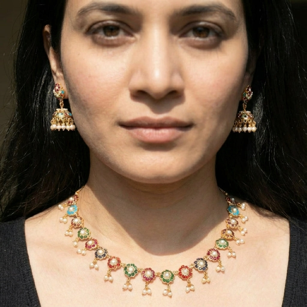 Sober & Minimalist Necklace Set | Gold Plated Navaratna Set NS 292