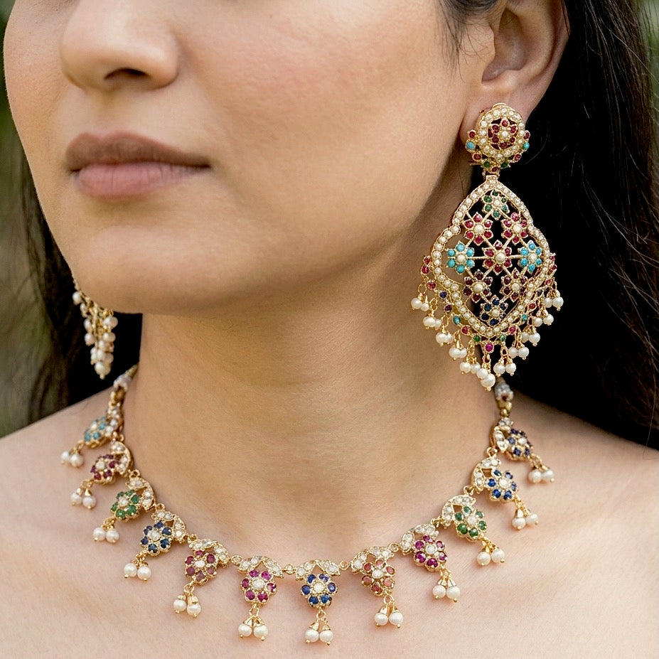 Floral Navratna Set | Fashion Jadau Necklace Paired with Large Earrings NS 331