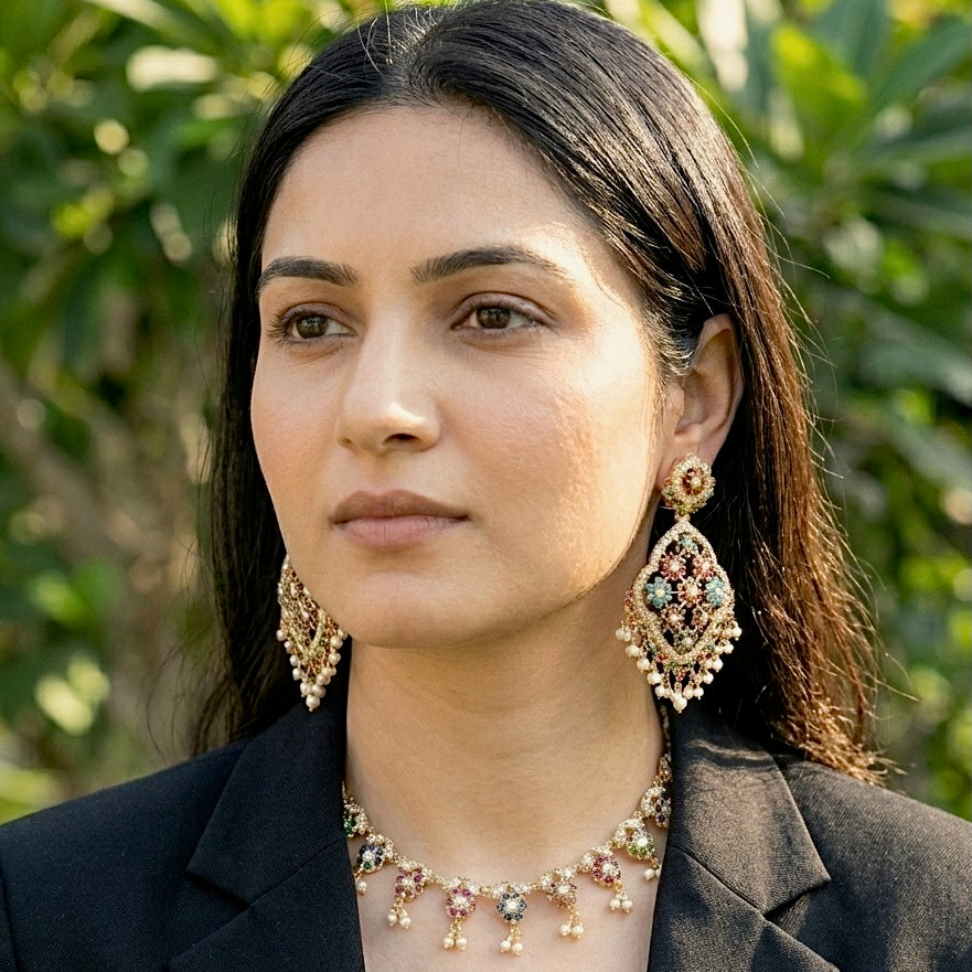 Floral Navratna Set | Fashion Jadau Necklace Paired with Large Earrings NS 331