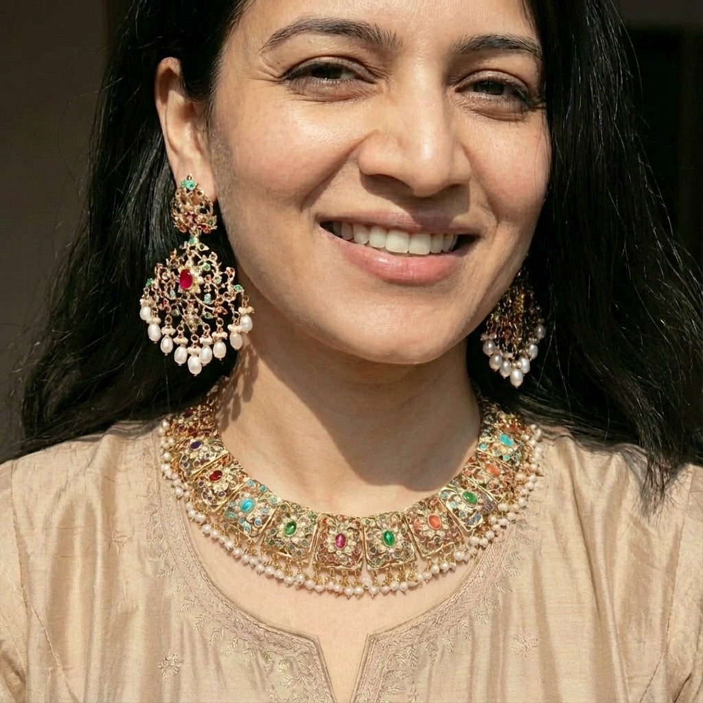 Bridal Navaratna Necklace Set | Indian Jewellery | Statement Earrings NS 295
