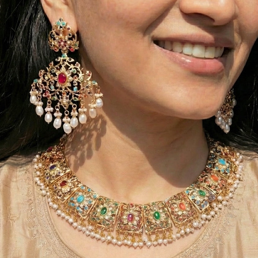 Bridal Navaratna Necklace Set | Indian Jewellery | Statement Earrings NS 295