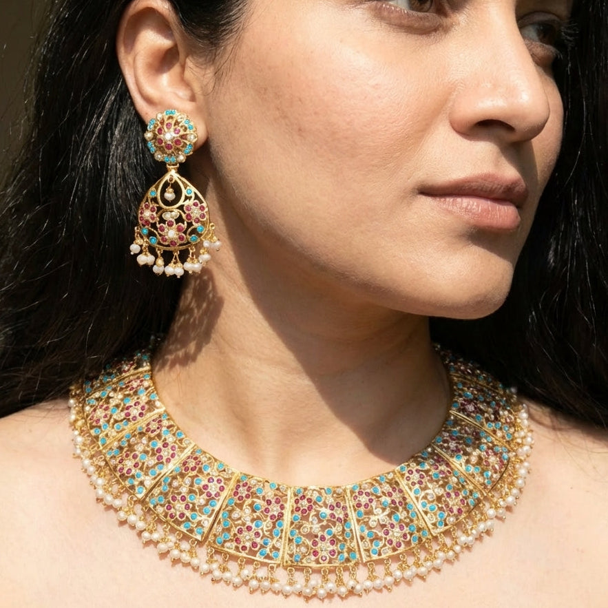 Broad Jadau Necklace Set | Bridal Jewellery | Gold Plated Jadau Set NS 280