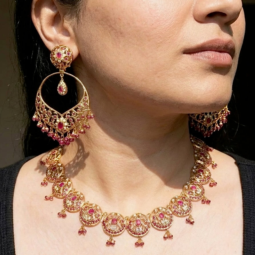 Delicate Ruby Necklace with Statement Earrings | Jadau Jewellery NS 267