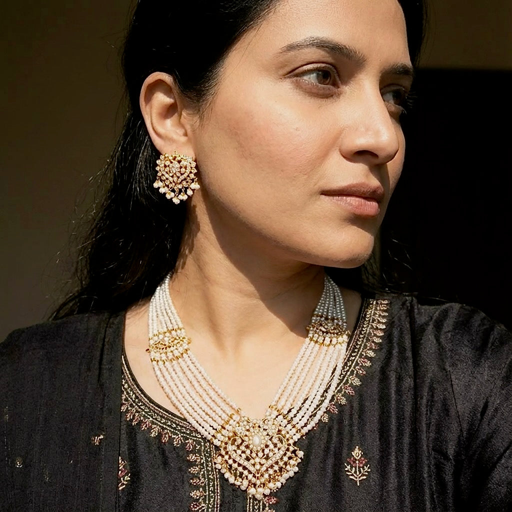 Indian Rani Haar Set | Gold Plated on Sterling Silver | Freshwater Pearls NS 248