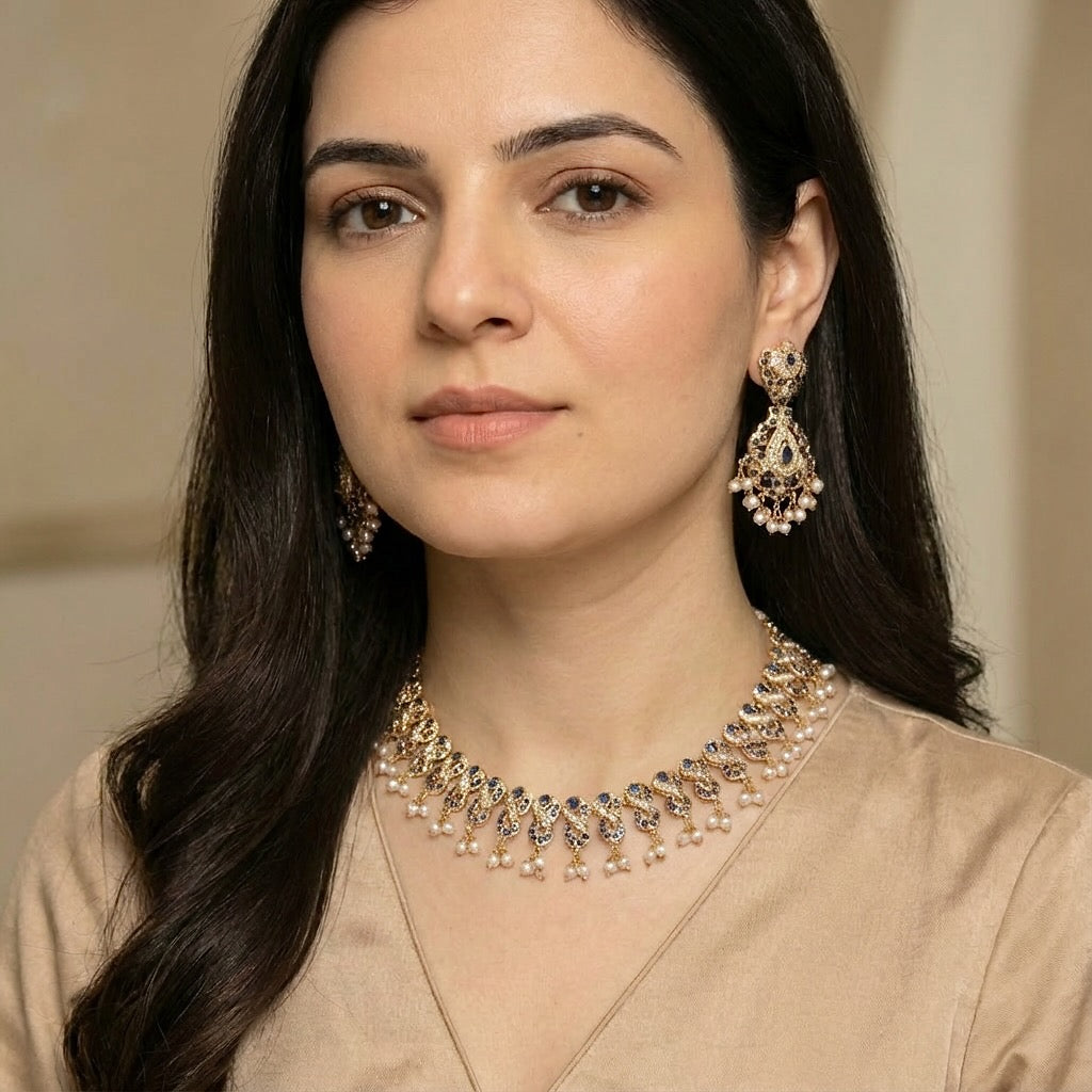 Gold Plated Jadau Set | Silver Based | Blue Sapphire & Pearl Jewelry NS 219