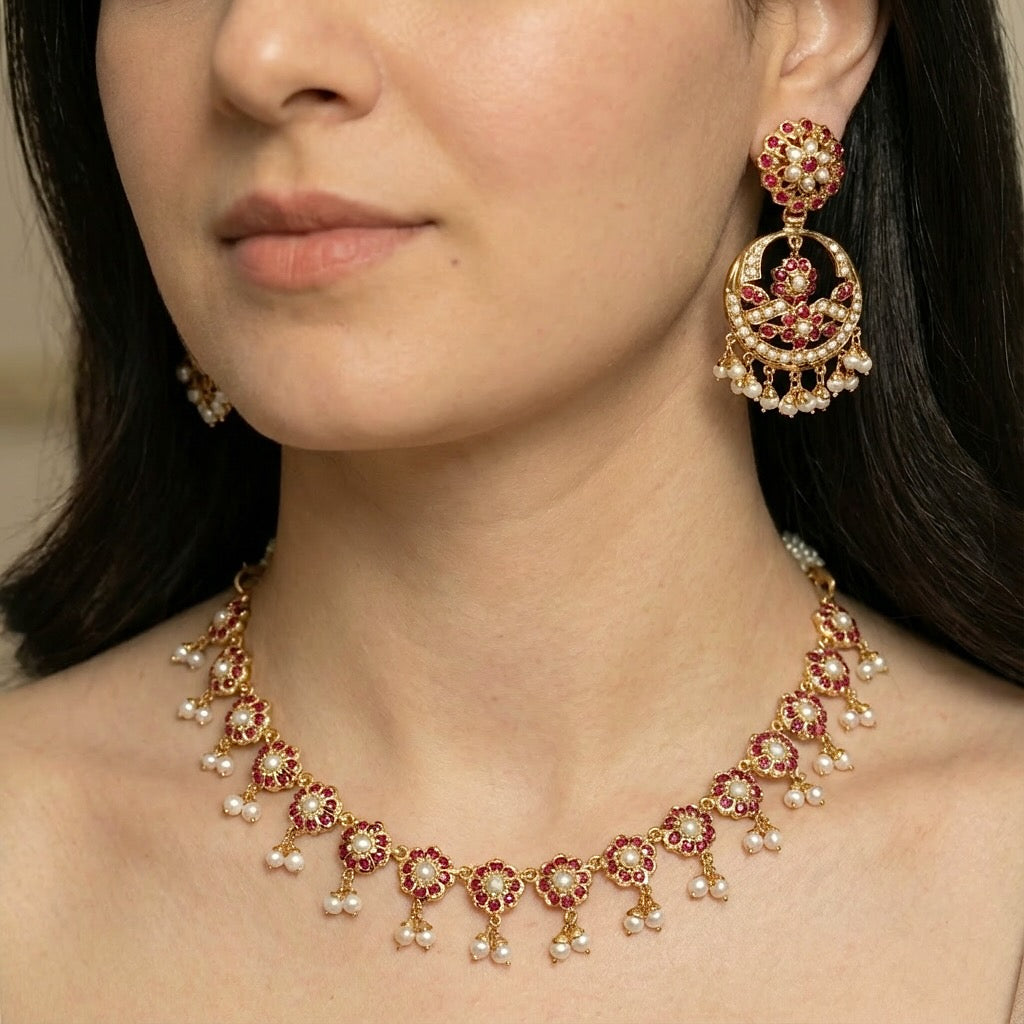 Delicate Ruby Necklace Set with Chandbali Earrings | Silver with Gold Plating NS 247