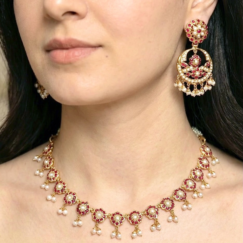 Delicate Ruby Necklace Set with Chandbali Earrings | Silver with Gold Plating NS 247
