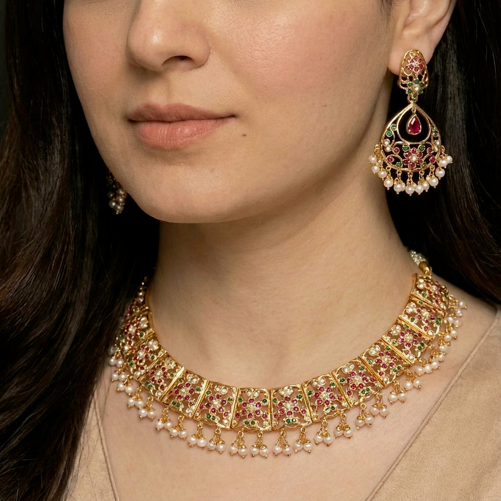 Gold Plated Silver Necklace Set | Multicoloured Jadau Set For Women | Antique Design NS 226