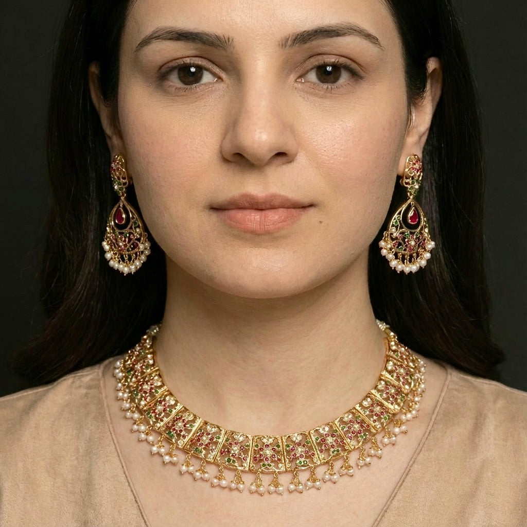 Gold Plated Silver Necklace Set | Multicoloured Jadau Set For Women | Antique Design NS 226