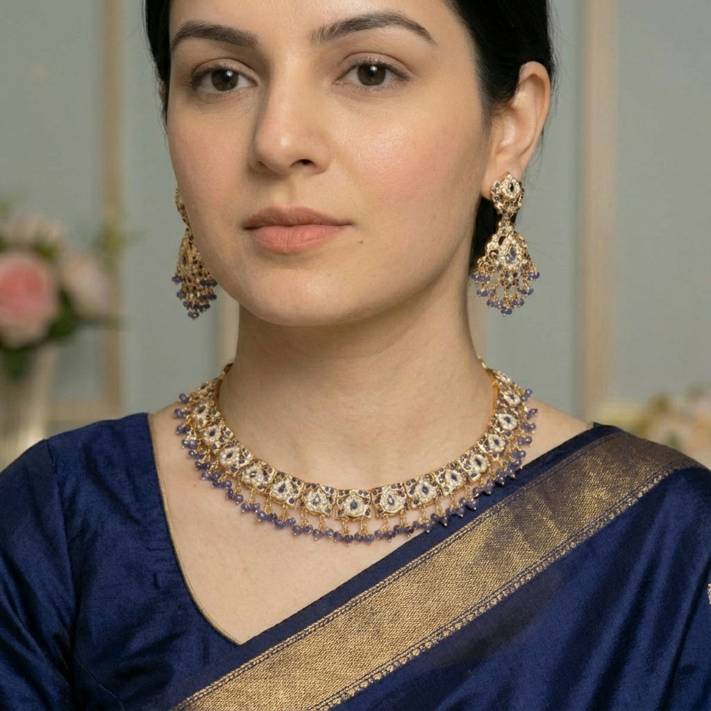 Gold Plated Blue Sapphire & Pearls Set | Sober & Elegant Jewelry NS 223