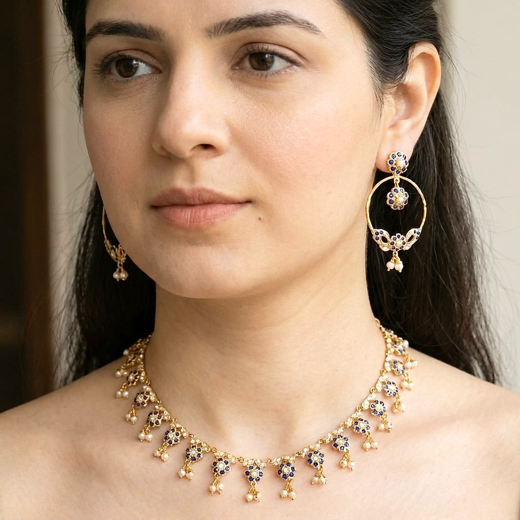 Delicate Sapphire & Pearl Necklace Set | Elegant Floral Design NS 224